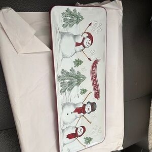 White and Red Holiday Tray with Snowmen and Evergreen Design